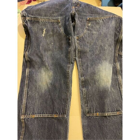 Distressed Carhartt Double knee Blue Denim Pants  Relaxed Fit Rugged Flex Utilit - Picture 11 of 16